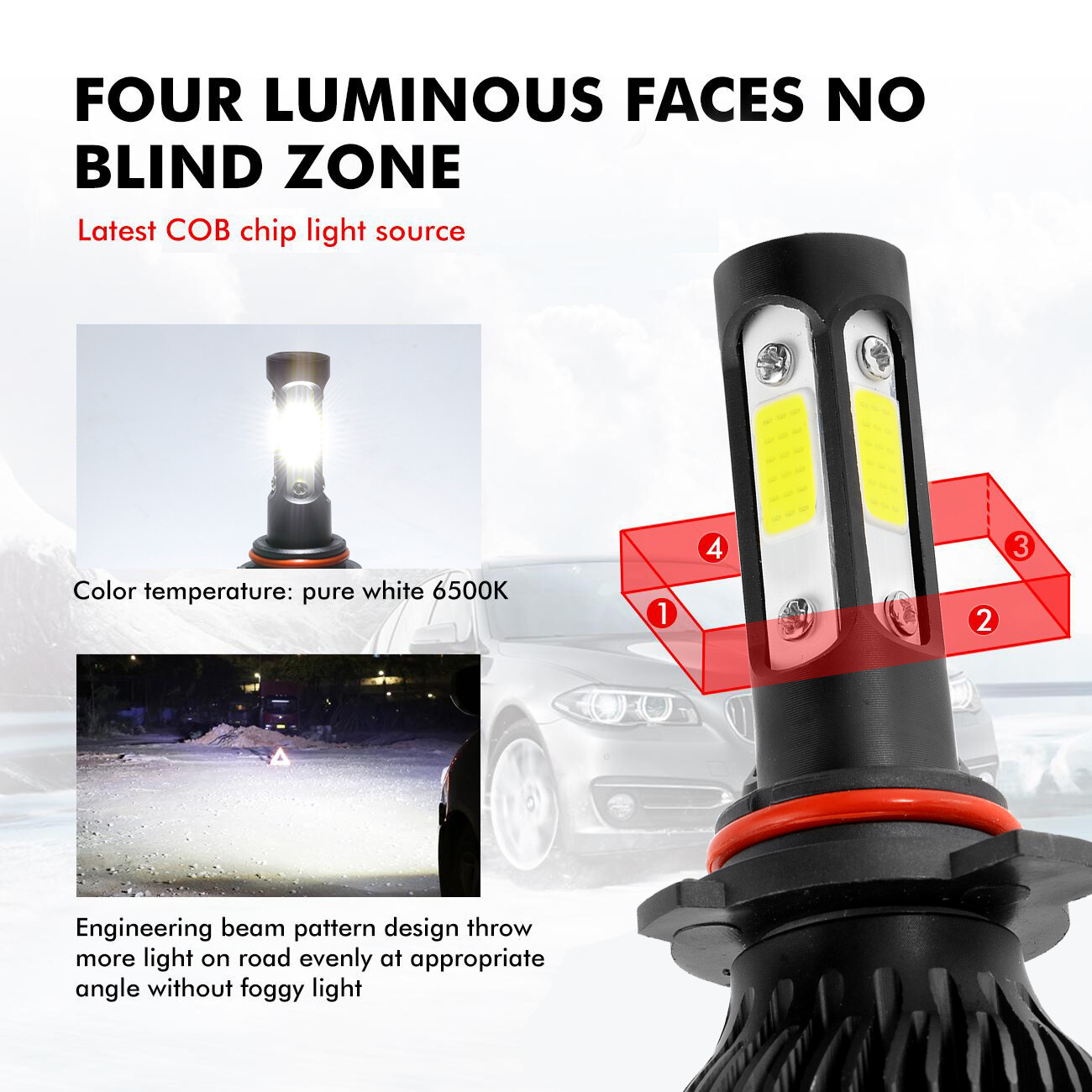 4-Sides 9012 LED Headlight Bulbs High Low Beam 6500K Super Bright 2400W 360000lm