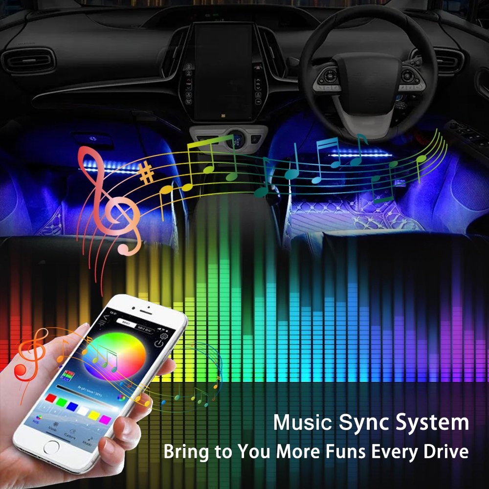 1T4 RGB LED Glow Interior Car Lamp Under Dash Inside Footwell Seats Lighting APP