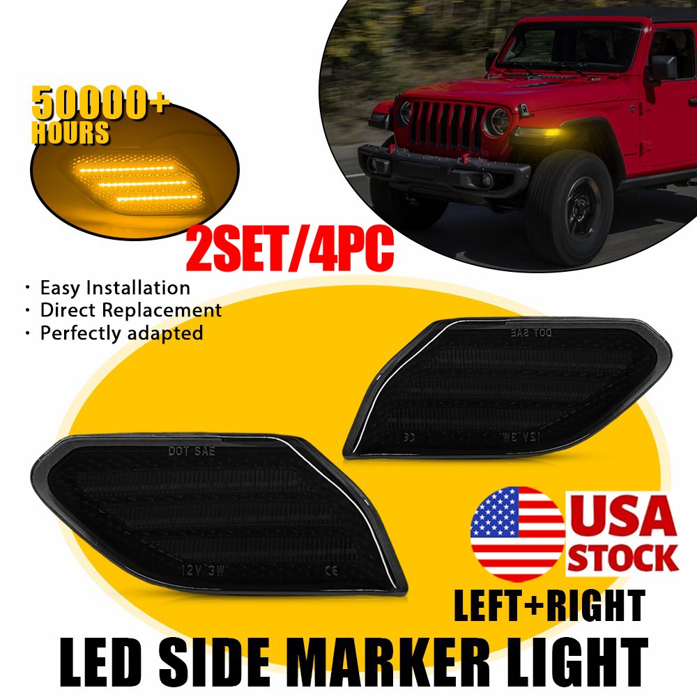 4PC Smoked Lens LED Side Marker Light Fender For 2018-26 Jeep Wrangler Gladiator