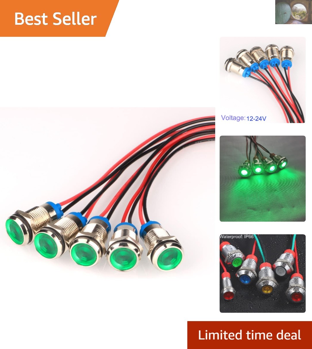 High Brightness Green LED Indicator Lights – 5pcs AC/DC 12-24V Waterproof Design