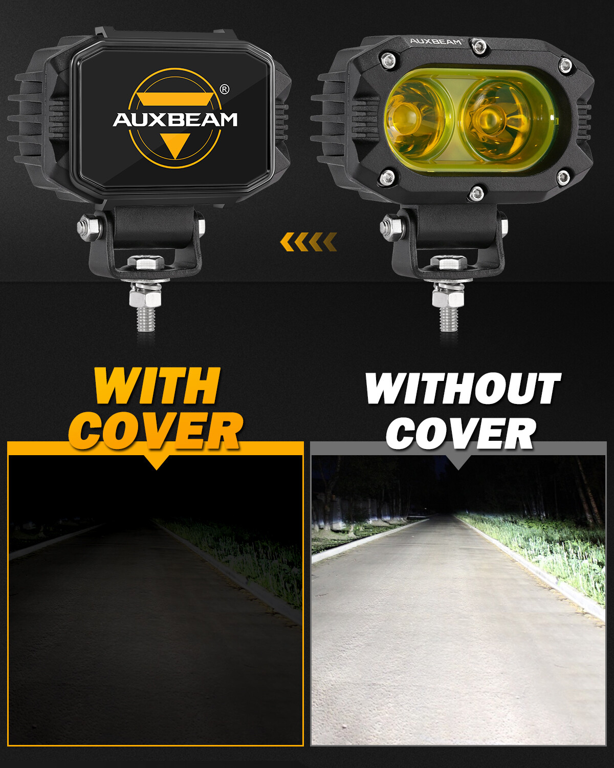 2x AUXBEAM 4″ Amber LED Pods Light Bar Flood Driving Lights + 2x Covers for Jeep