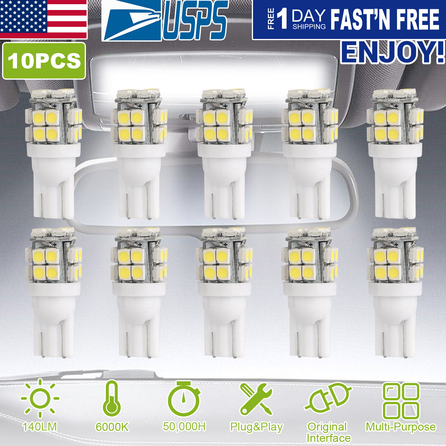 10Pcs T10 LED Light Bulb Wedge Base Interior Dome Map License LED Lights 6000K