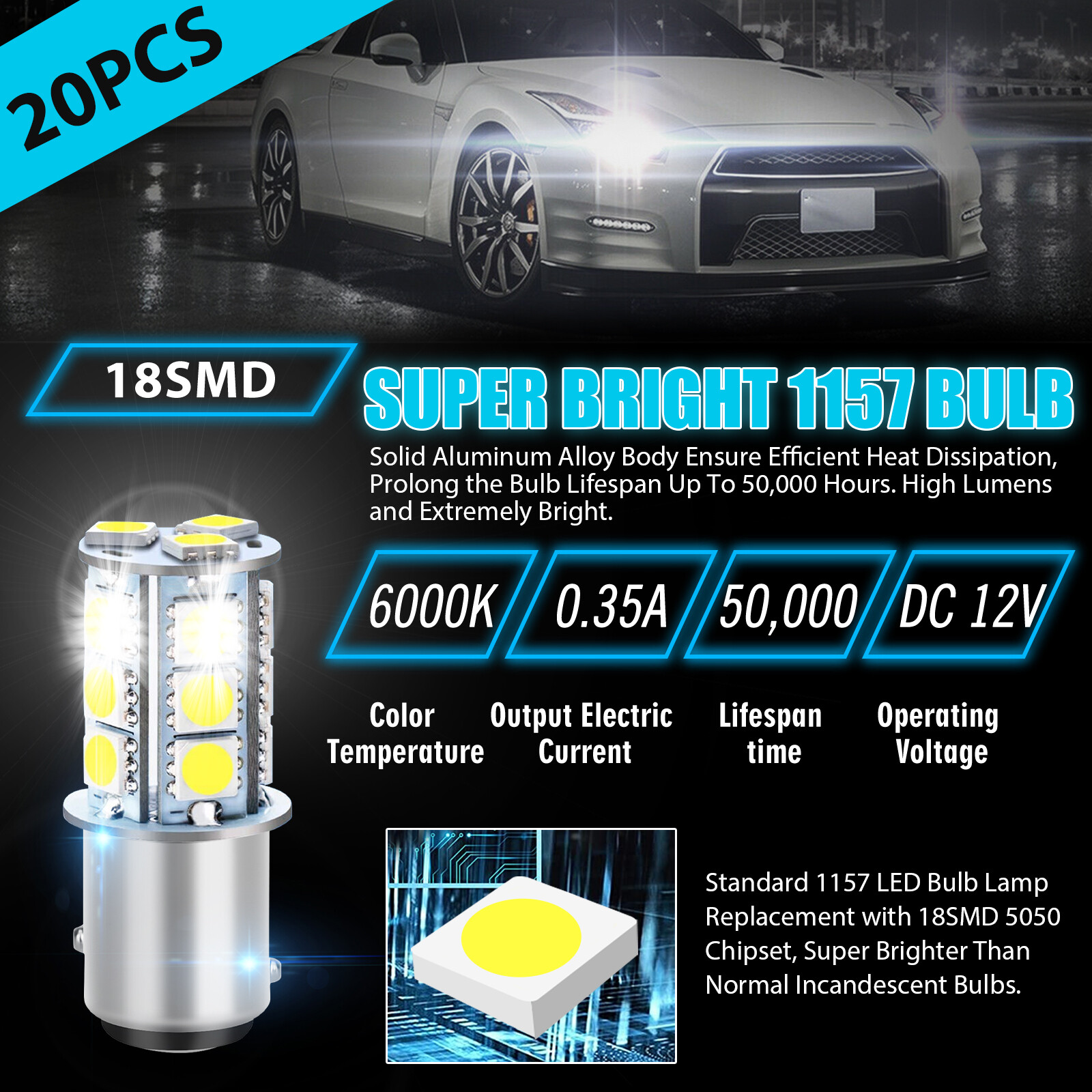 20x Super White 1157 BAY15D 18SMD RV Camper Trailer LED Interior Light Bulbs 12V