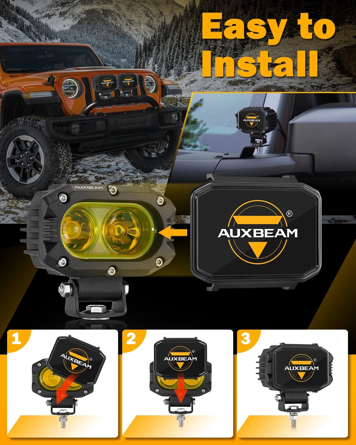 2x AUXBEAM 4″ Amber LED Pods Light Bar Flood Driving Lights + 2x Covers for Jeep