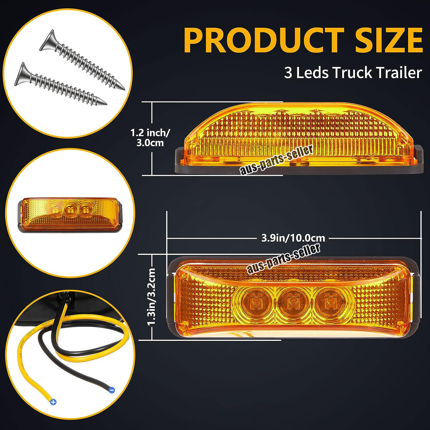 2x 4″ Amber 3-LED Side Marker Lights RV Truck Trailer Clearance Light Waterproof