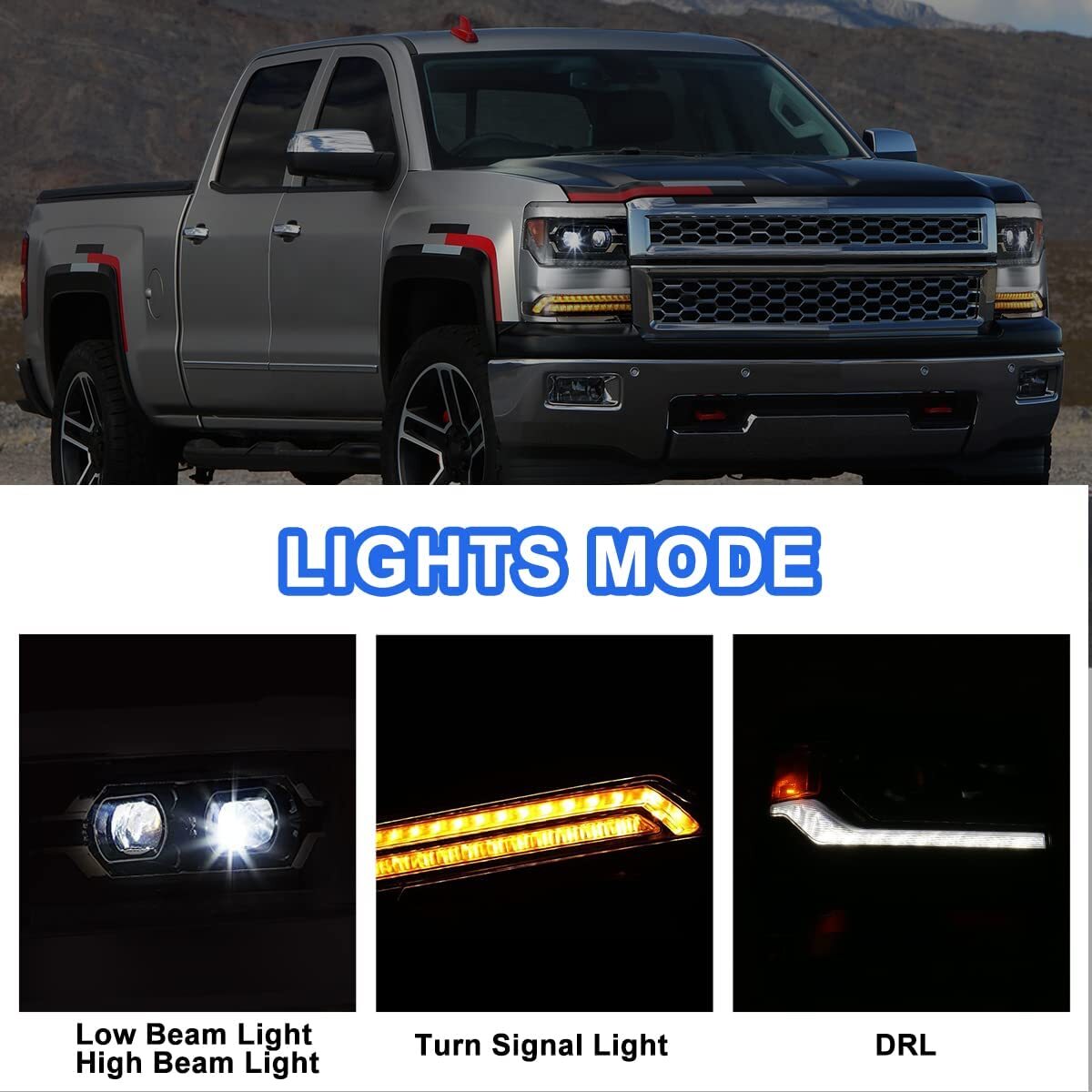 For 2016-2019 Chevy Silverado 1500 LED Headlights Chrome Trim Projector Headlamp