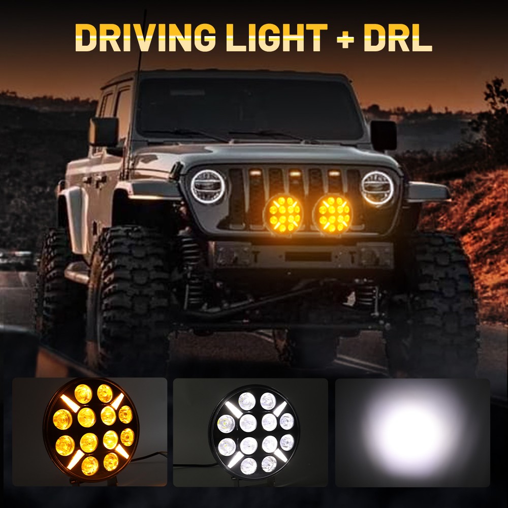 2X 9Inch Round LED Spot Light Strobe White & Yellow DRL Driving Beam For Truck