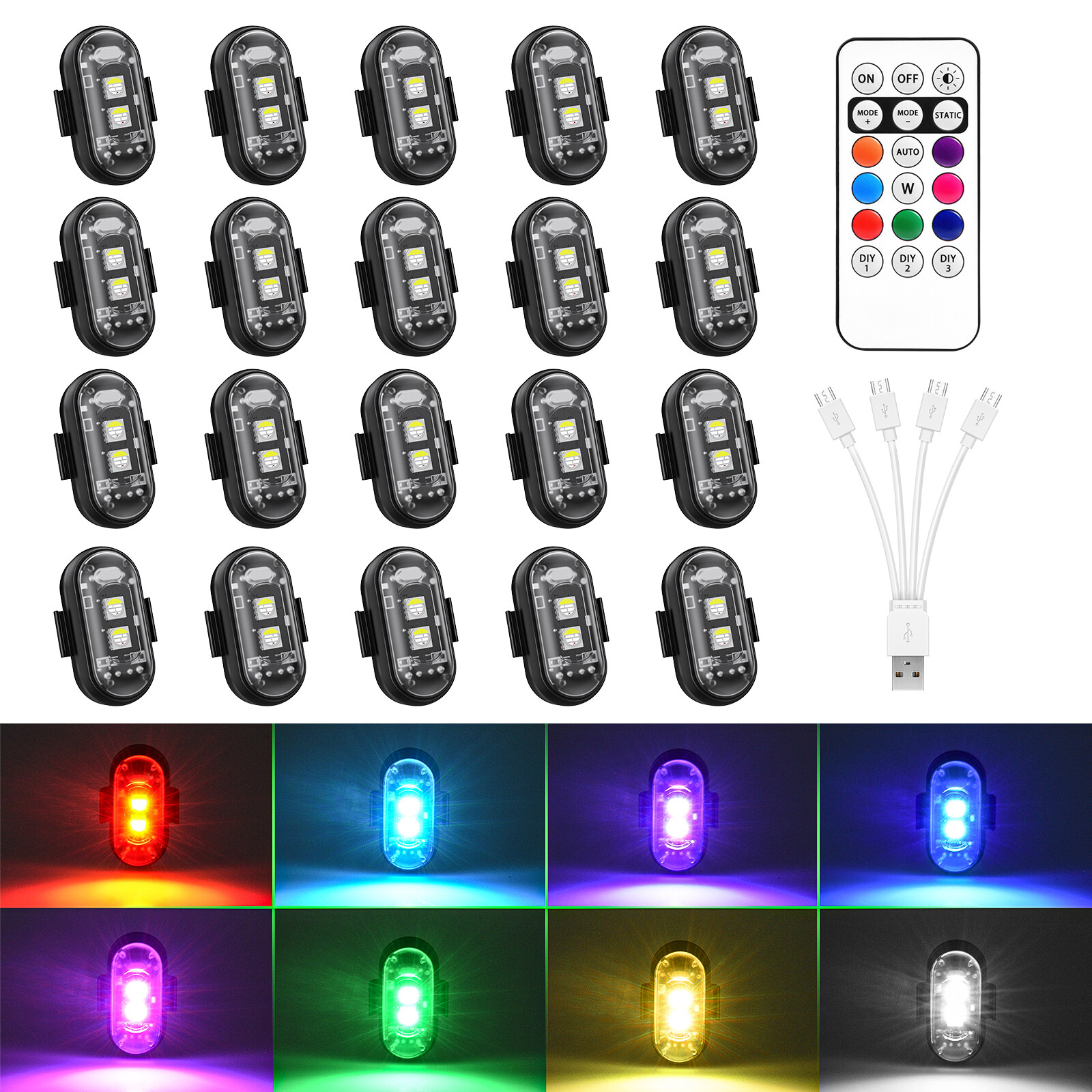 20PCS Wireless LED Strobe Lights 8 Colors USB Rechargeable Anti-Collision Lamps