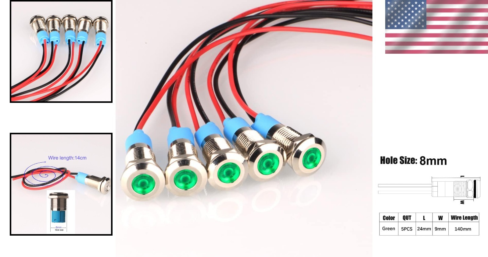 Green 8mm LED Indicator Lights (5pcs) for AC/DC 12-24V – Eco-Friendly & Durable