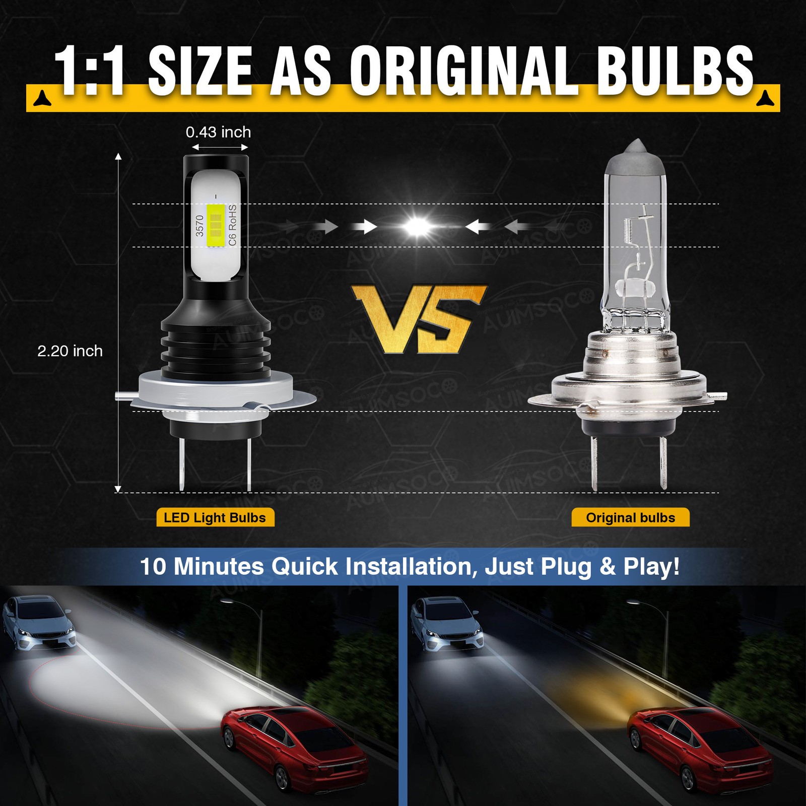 H7+H7+H11 Combo Mini LED Headlight Bulbs High Low Beam fog Light 6000K Lamps