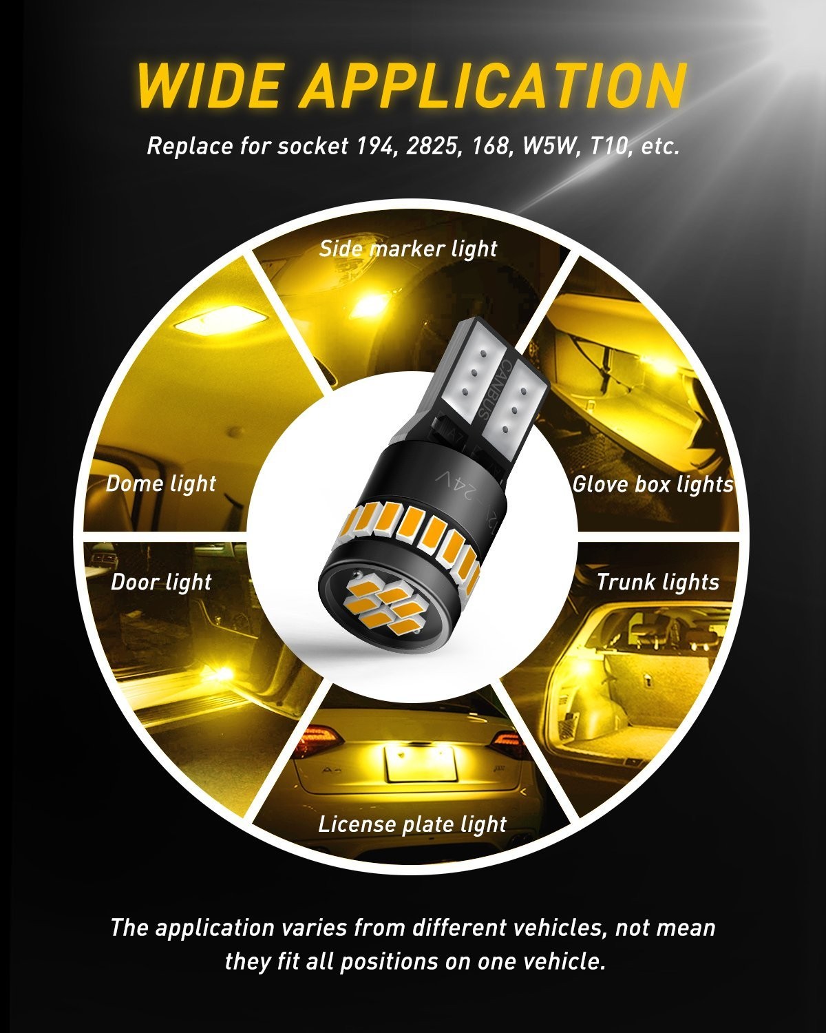 AUXITO Canbus LED Front Sidemarker Light Bulbs 168 192 2825 2821 T10 3000K Amber