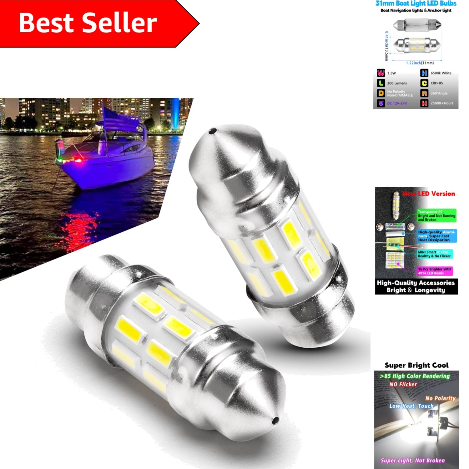 31mm Marine LED Festoon Bulb 1.5W 200LM – Ultimate Boat Navigation Lights (2-…