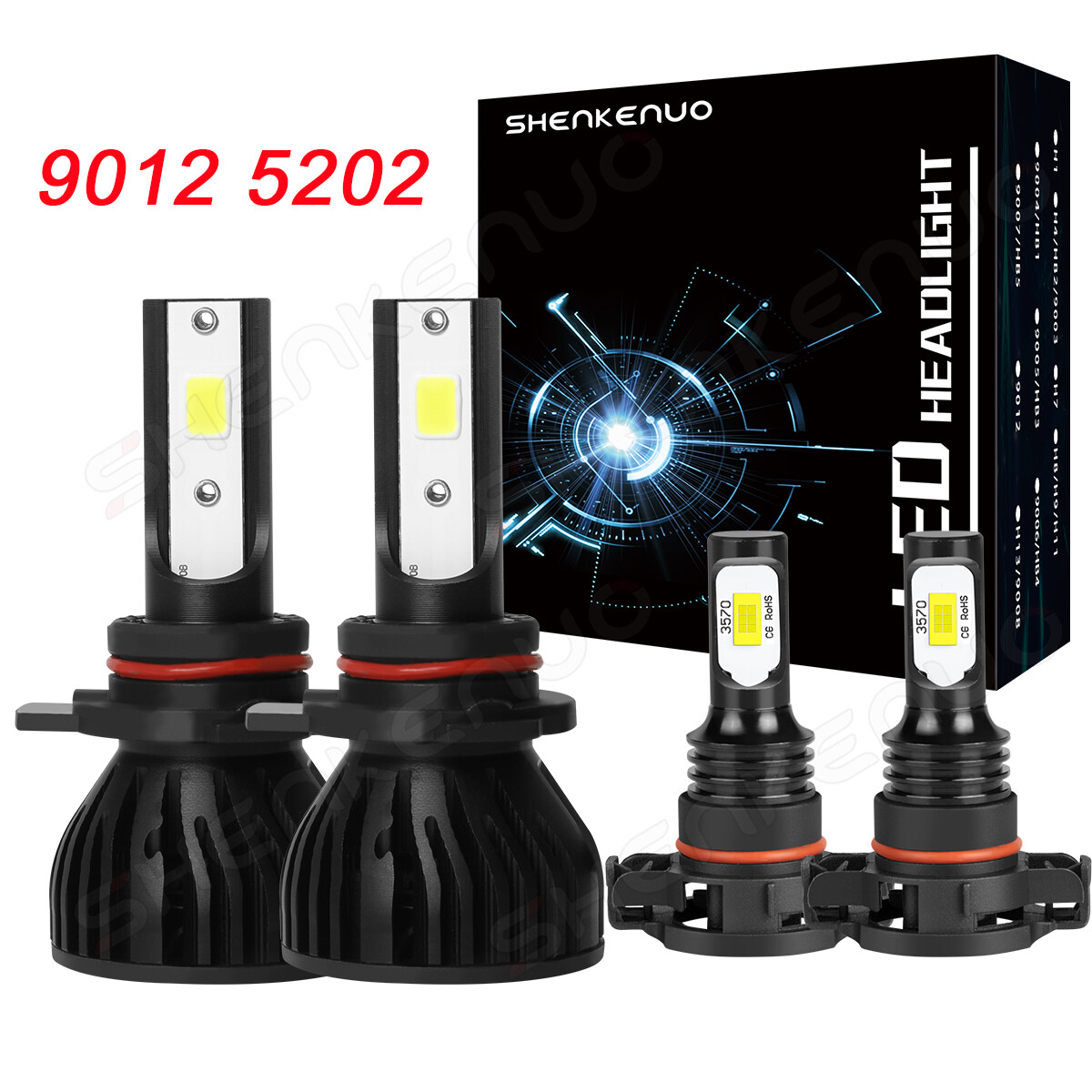 9012 LED Headlight High Low Beam H16/5202/2504 Fog Light Bulbs Kit 6000K 4pcs