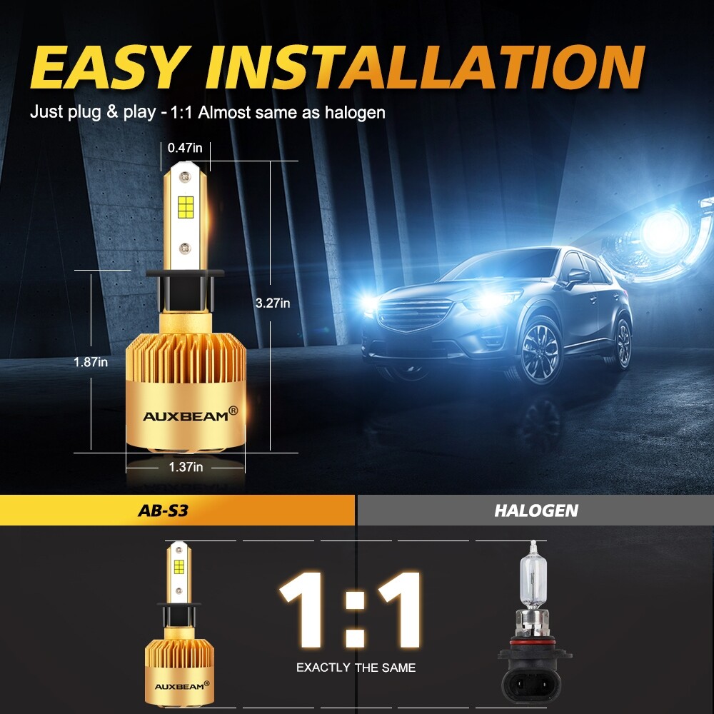 AUXBEAM H1 LED Headlight Bulbs Kit High Low Beam Clear White 6500K 8000LM Bright