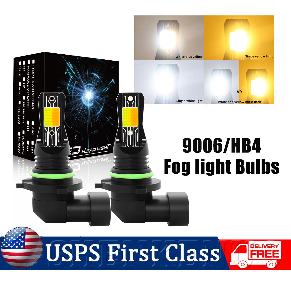 2x 9006 HB4 LED Fog Lights Bulbs Dual Color White + Yellow 2-Mode