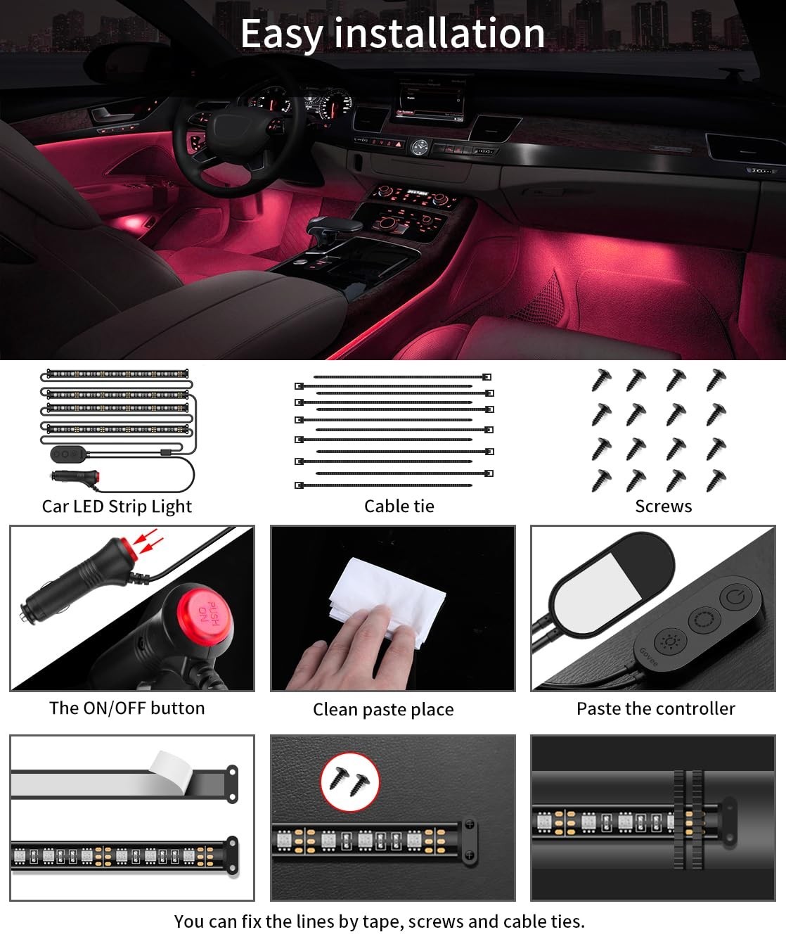 RGB Smart Car Interior LED Lights – App Control, DIY & Music Modes, 12V Charger