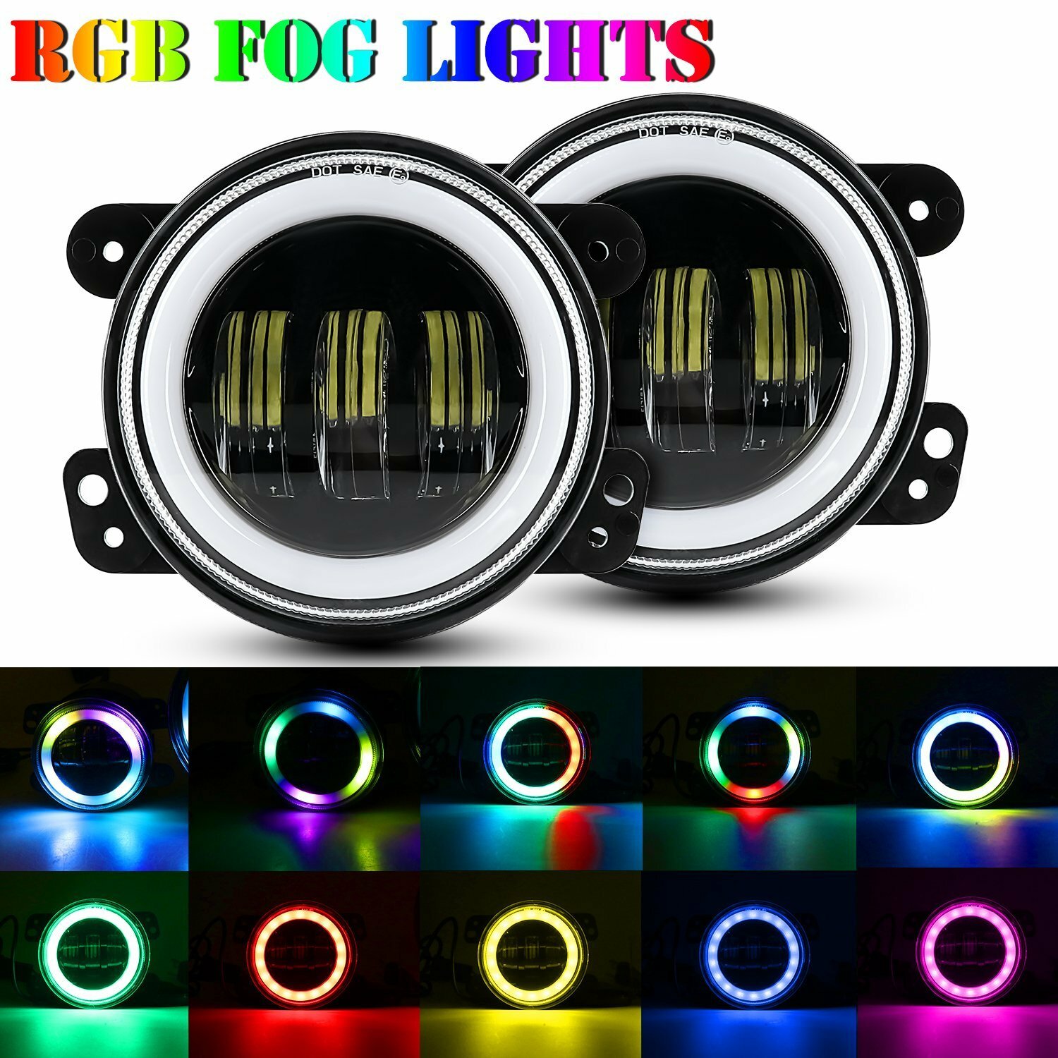 4Inch RGB LED Fog Lights Projector Halo Ring For Jeep Wrangler JK/JL/JT Dodge
