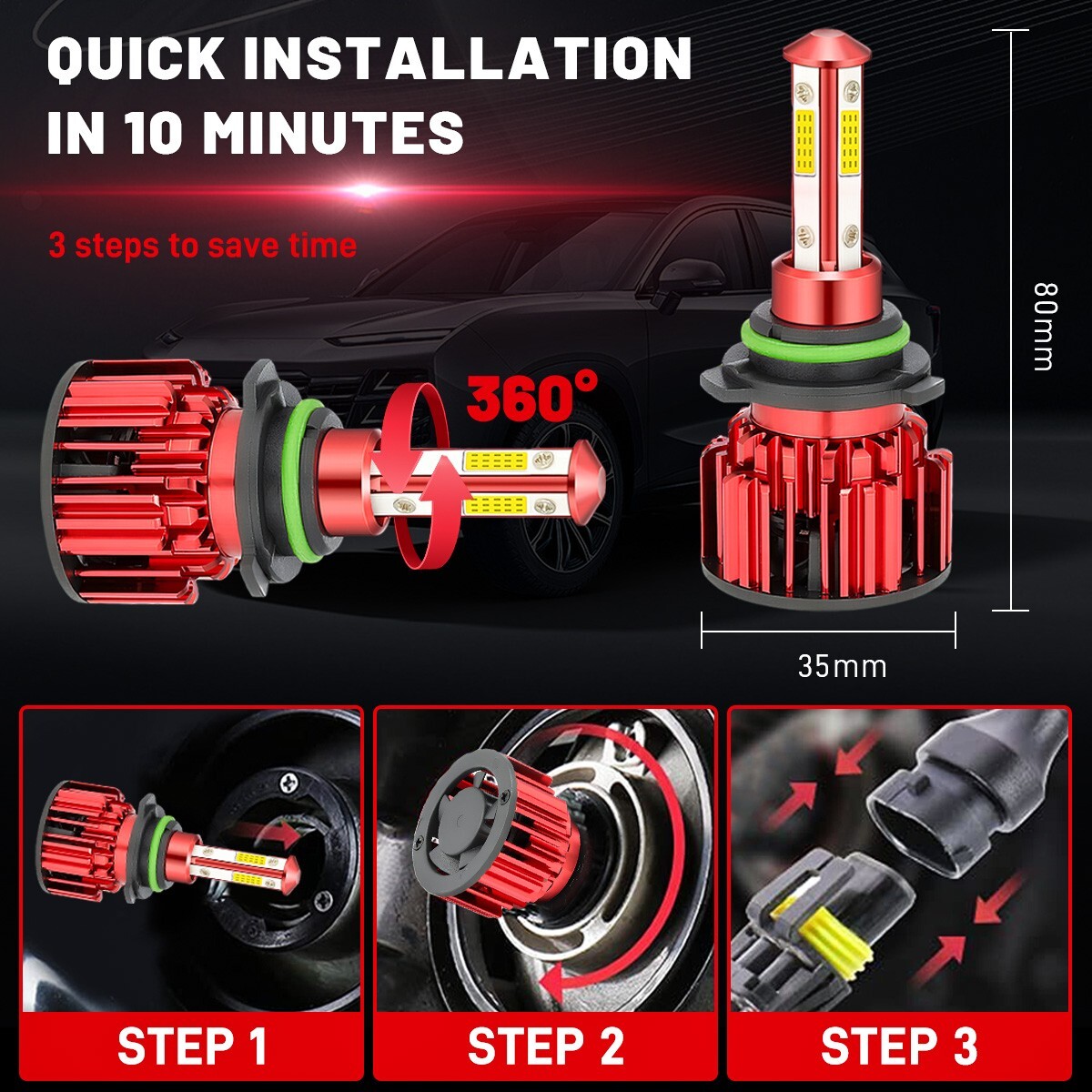 2X 4-Sides 9006 HB4 LED Headlight Bulb Kit Low Beam Foglight Super Bright 6500K