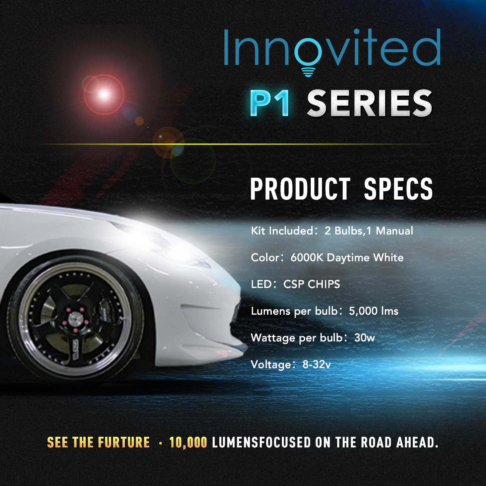Innovited P1 H11 LED headlight Kit Super bright CSP 60W 10000LM bulb White 6000K