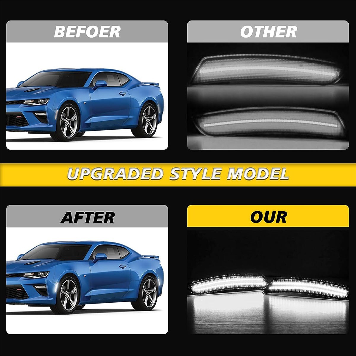 4PC Full LED Side Marker Lights Front Rear for Chevy Camaro 2016-23 LS LT SS ZL1