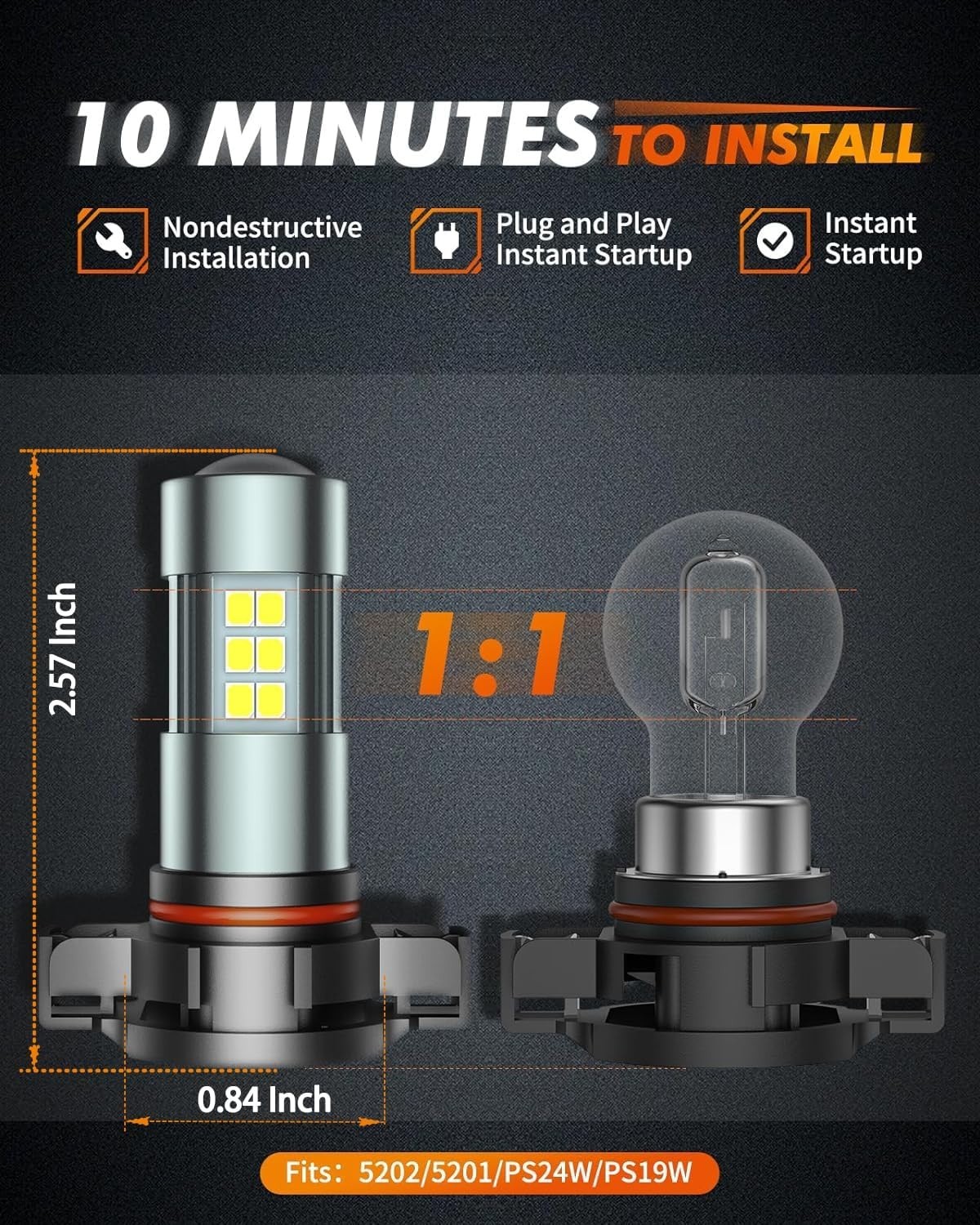 Universal Fit 5202 LED Fog Light Bulbs 6000K – 30,000 Hours Lifetime, Pack of 2
