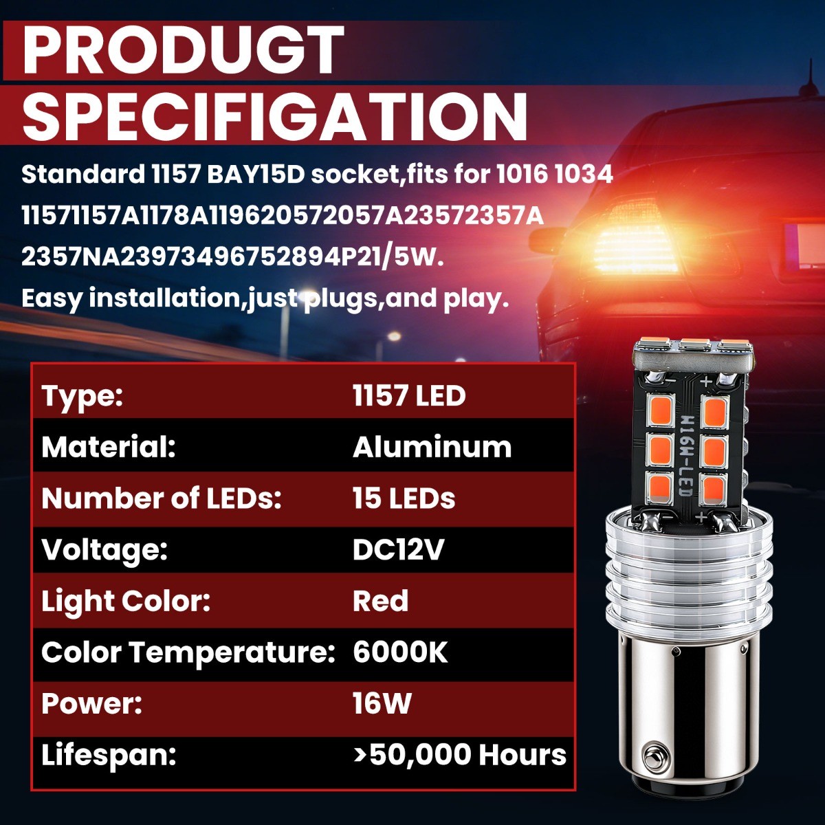 2PCS 1157LED Brake Stop Tail Parking Light Safety Warning Light 6000K Bright Red