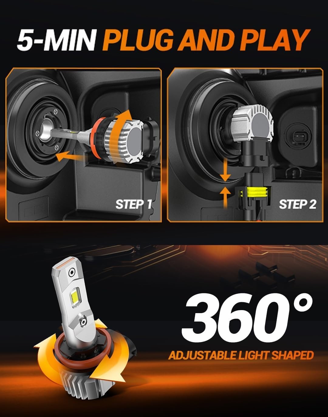 H8 H11 H16 LED Fog Light Bulbs – 6500K, 360° Adjustable, Long Lifespan – 2 Units