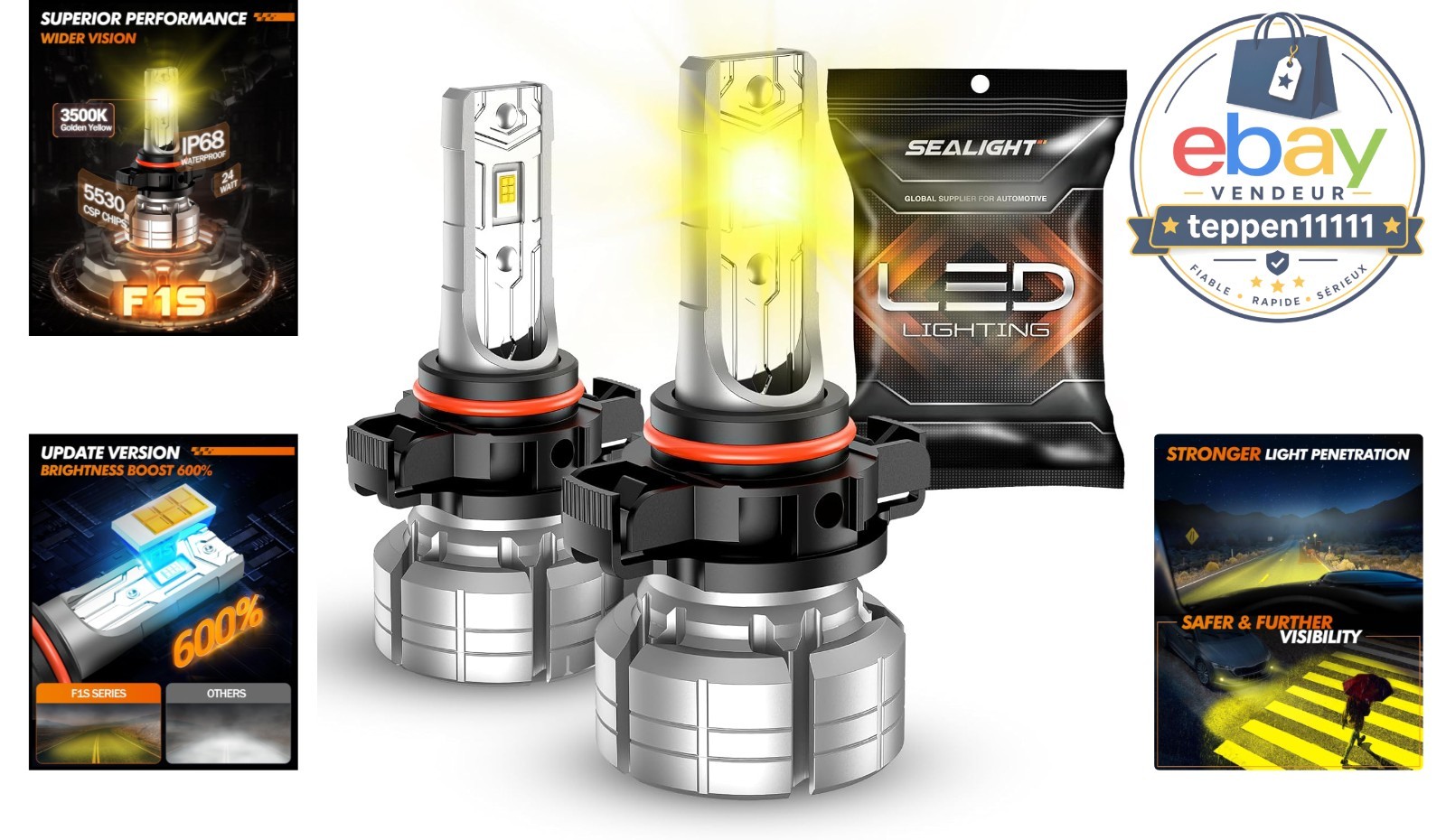 LED Fog Light Bulbs 5202 12000LM 24W 3000K Amber Yellow Pack of 2