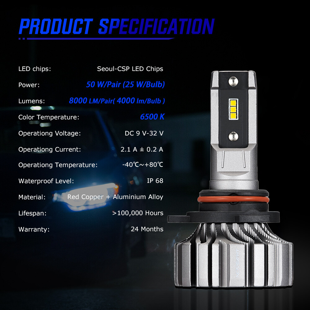 NOVSIGHT 9012 HIR2 LED Headlight Bulbs 6500K 10000LM Cold White Easy Install 2x