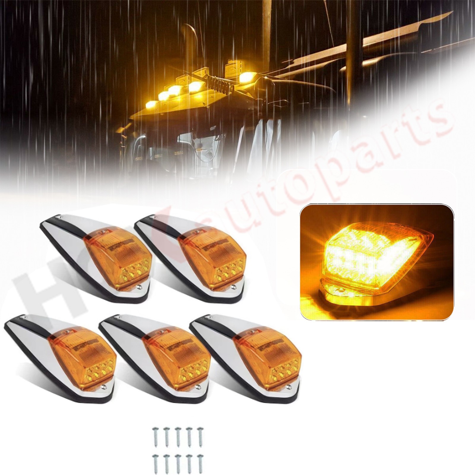 5x 31 LED Amber Chrome Cab Roof Marker Light for Peterbilt Kenworth Freightliner