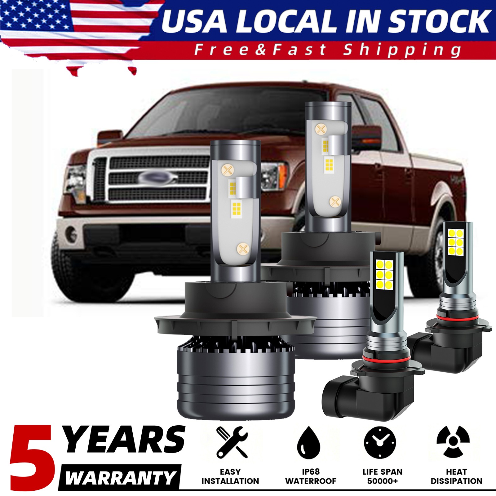 For Ford F 150 2004-2014 10000K LED Headlight Hi/Lo + Fog Light Bulbs Combo 4x
