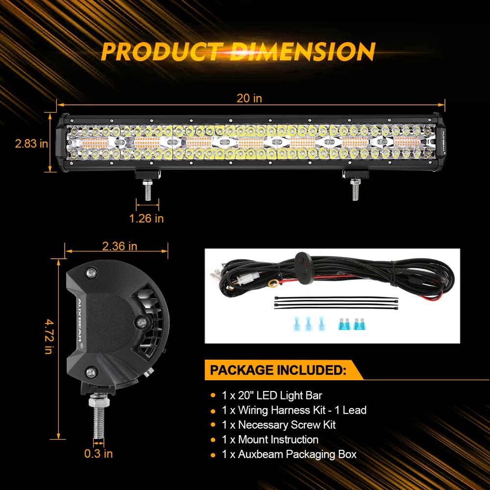 AUXBEAM 20″ LED Work Light Bar Strobe Flash Amber for Jeep Wrangler JK TJ CJ YJ