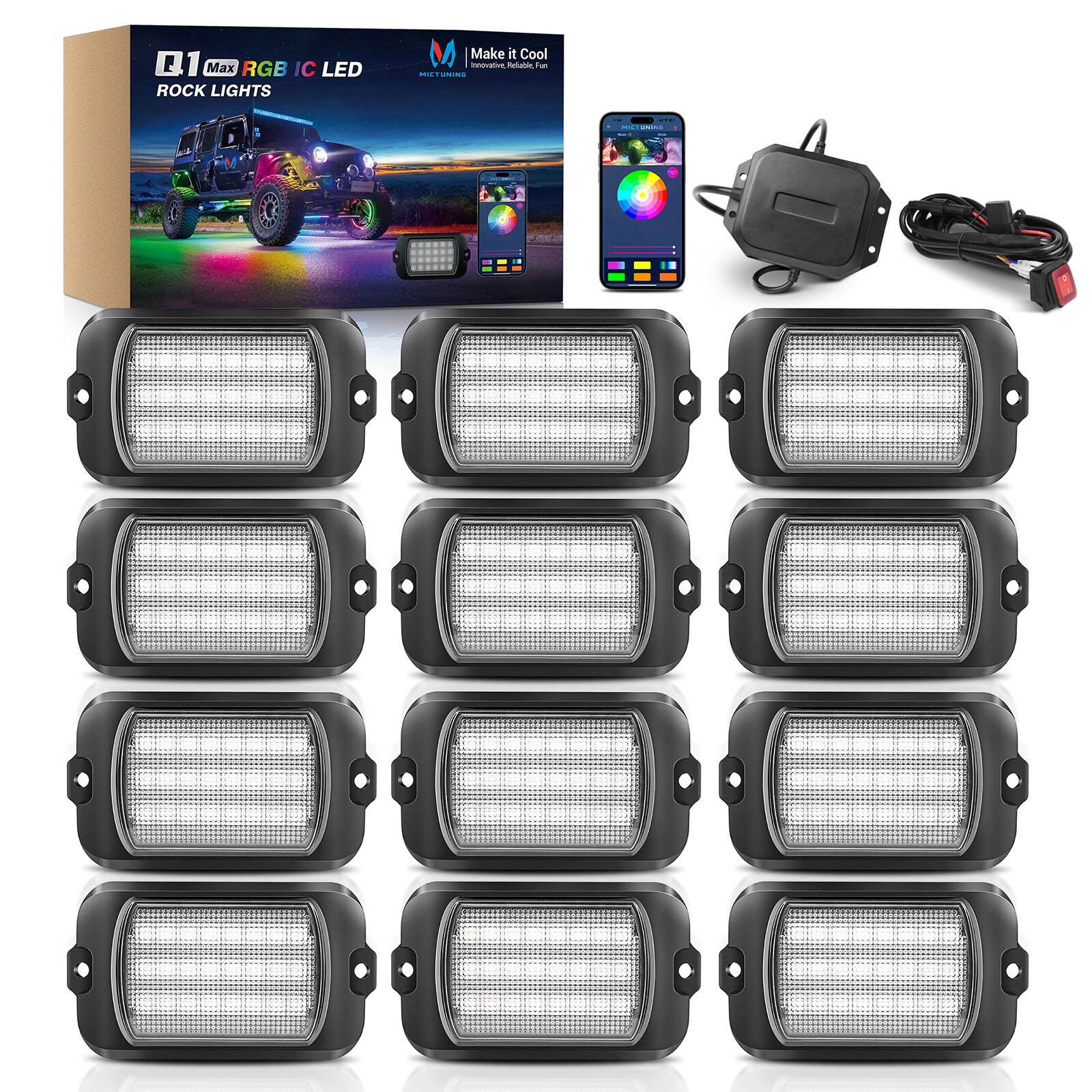 MICTUNING RGB/RGB+IC LED Rock Lights, 8/12/16/20 Pods Underglow Led Chasing Lamp