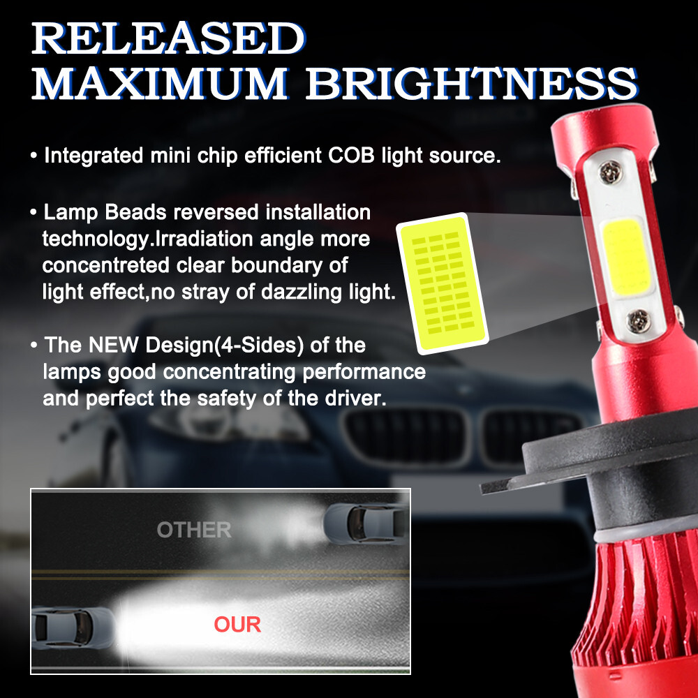 4-Side H4 LED Headlights Kit Hi/Low Beam 6500K 9003 HB2 Bright White Light Bulbs