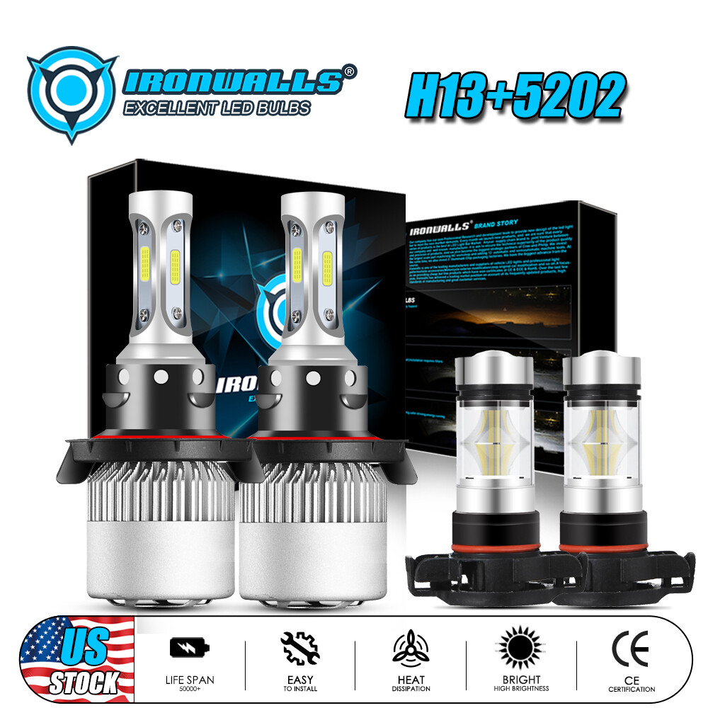 IRONWALLS Combo H13+5202 LED Headlight High Low Beam Fog Light Bulb White 6000K