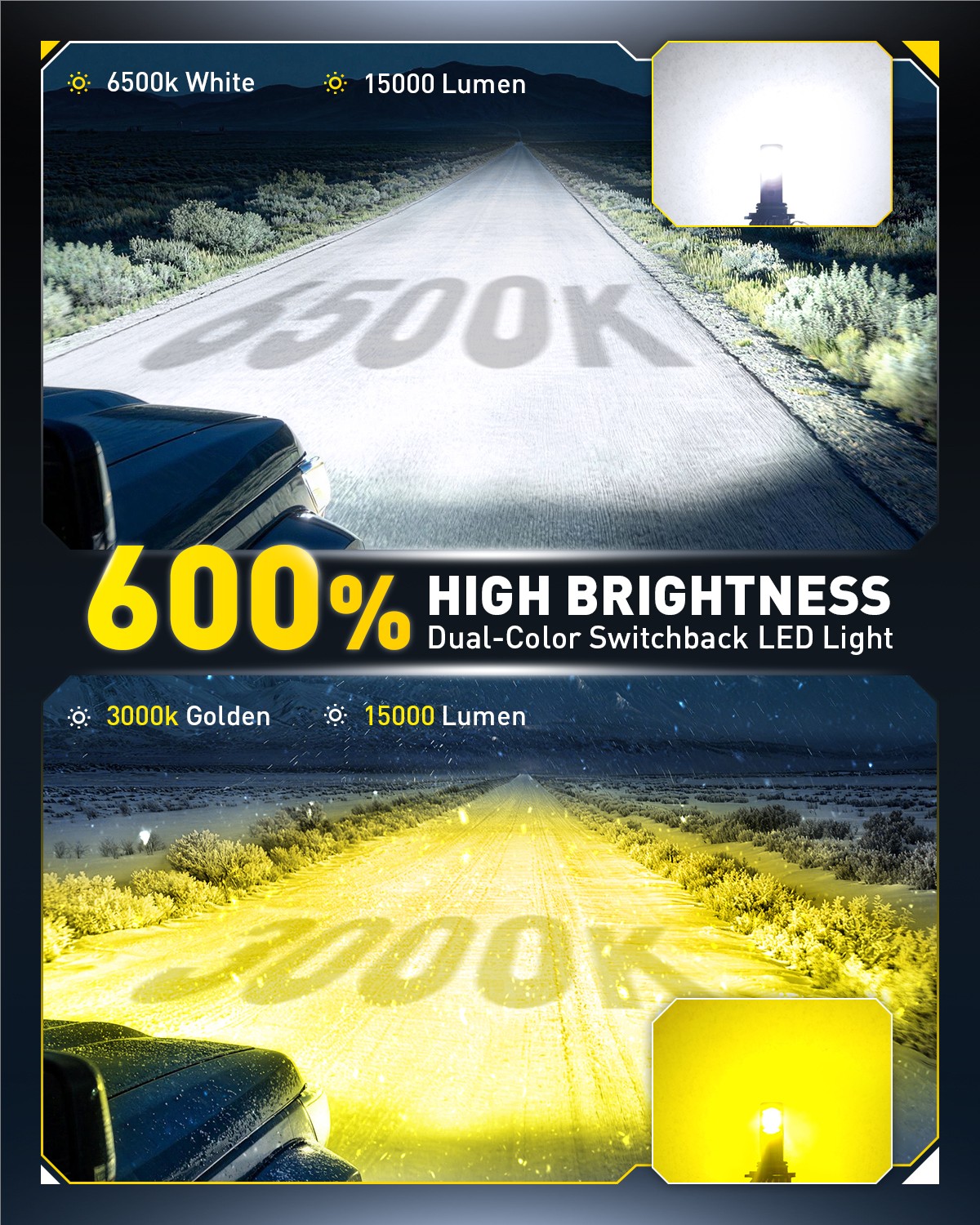 9006 HB4 Headlight Light Bulbs Low Beam 6500K White&3000K Amber Yellow 50000LM
