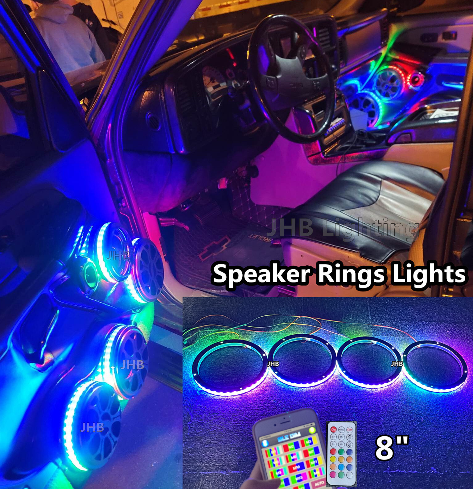 JHB 4PCS 8″ Bluetooth + Remote CHASING FLOW LED 1/2″ Spacer Speaker Rings Lights