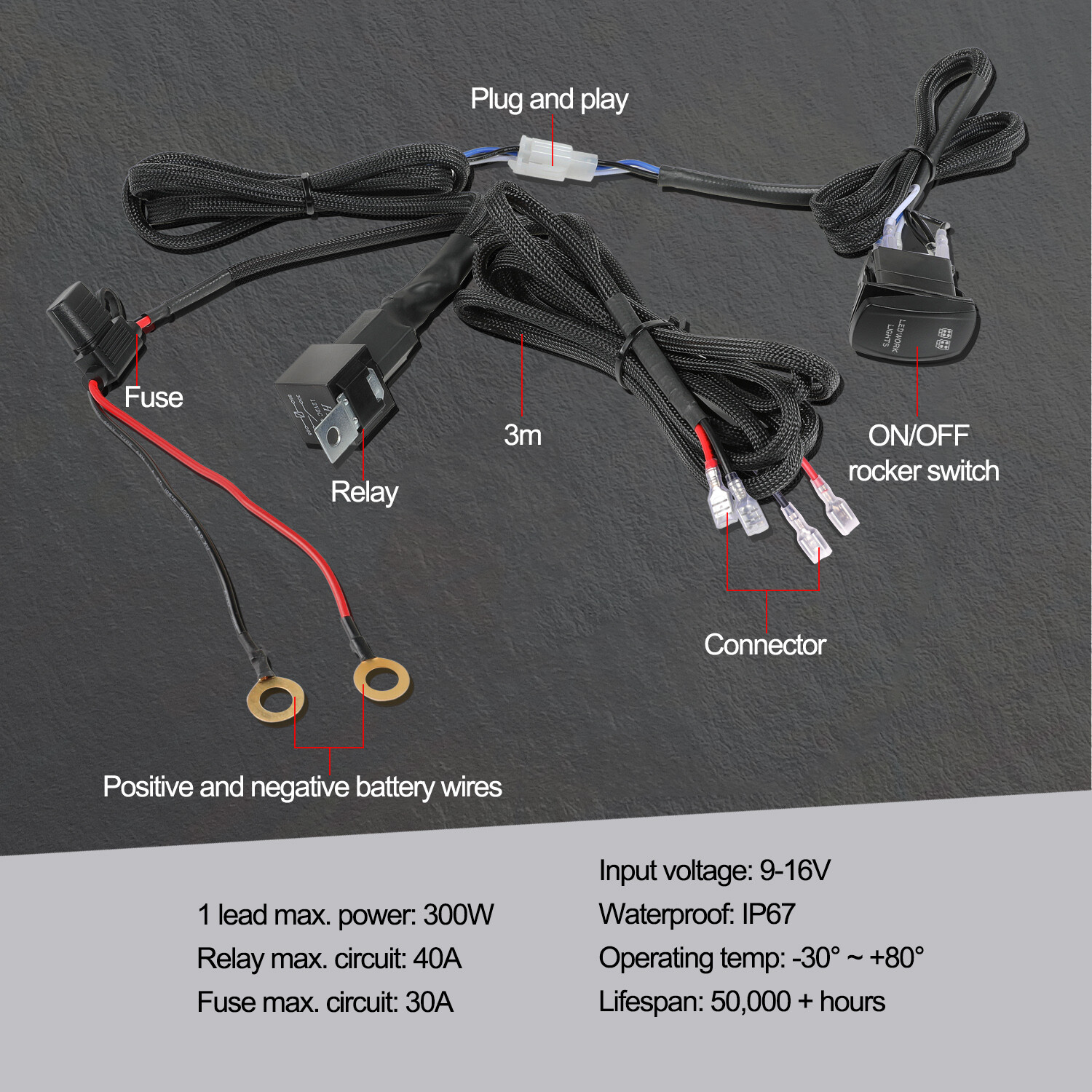 2-Lead Wiring Harness Kit ON/OFF 5Pin Rocker Switch For LED Work Light Bar Pods