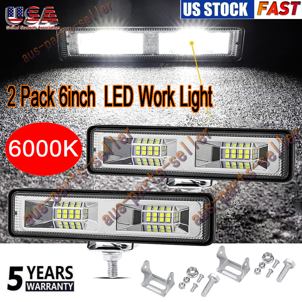 2X LED Work Lights 6 Inch 48W 12V Driving Strip Flood Beam light Bar SUV Offroad