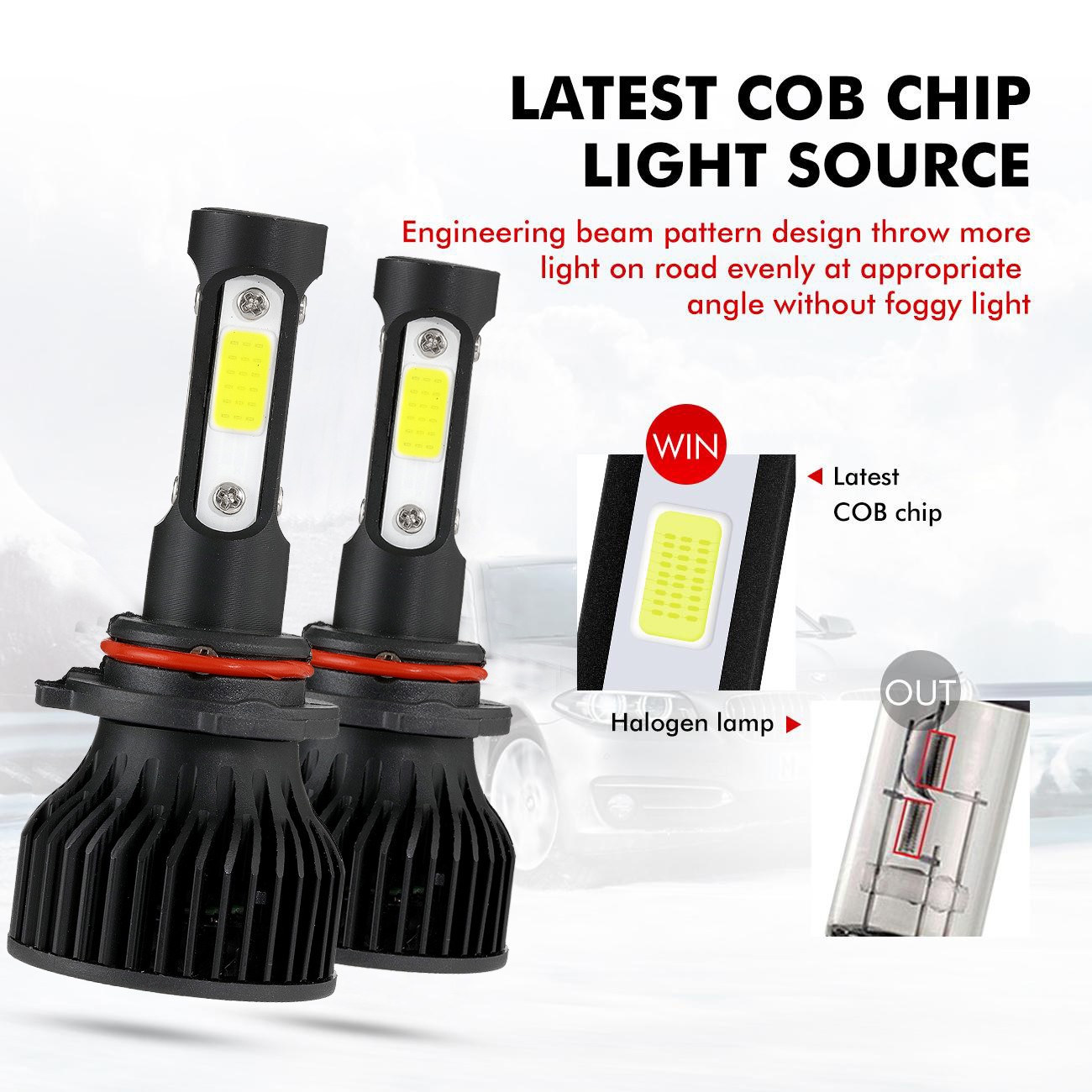 4-sides 9006 LED Headlight Bulb Kit Low Beam White Super Bright 6500K 2000000LM