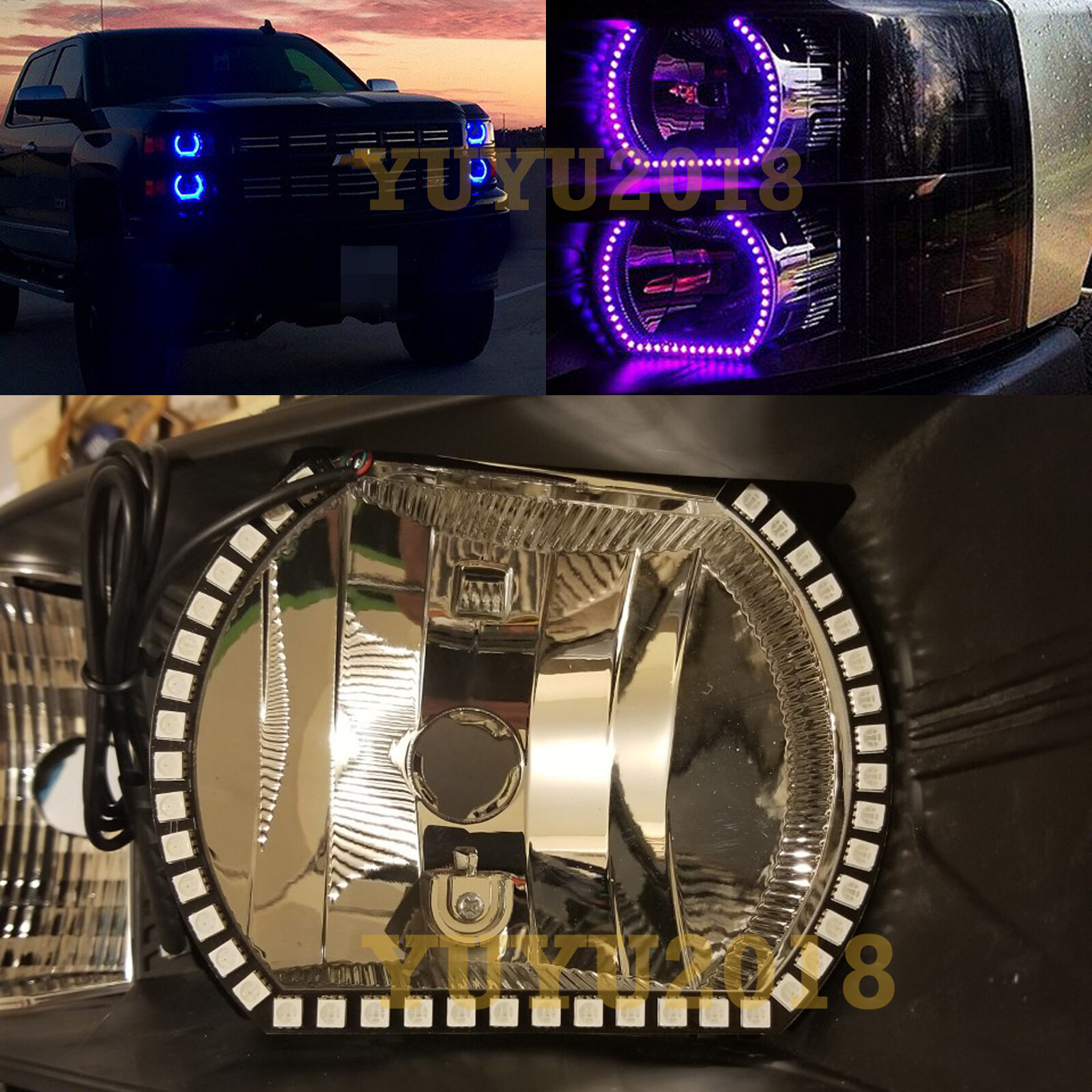 RGB LED halo rings for Chevrolet Silverado 07-14 headlight U style Bluetooth DRL