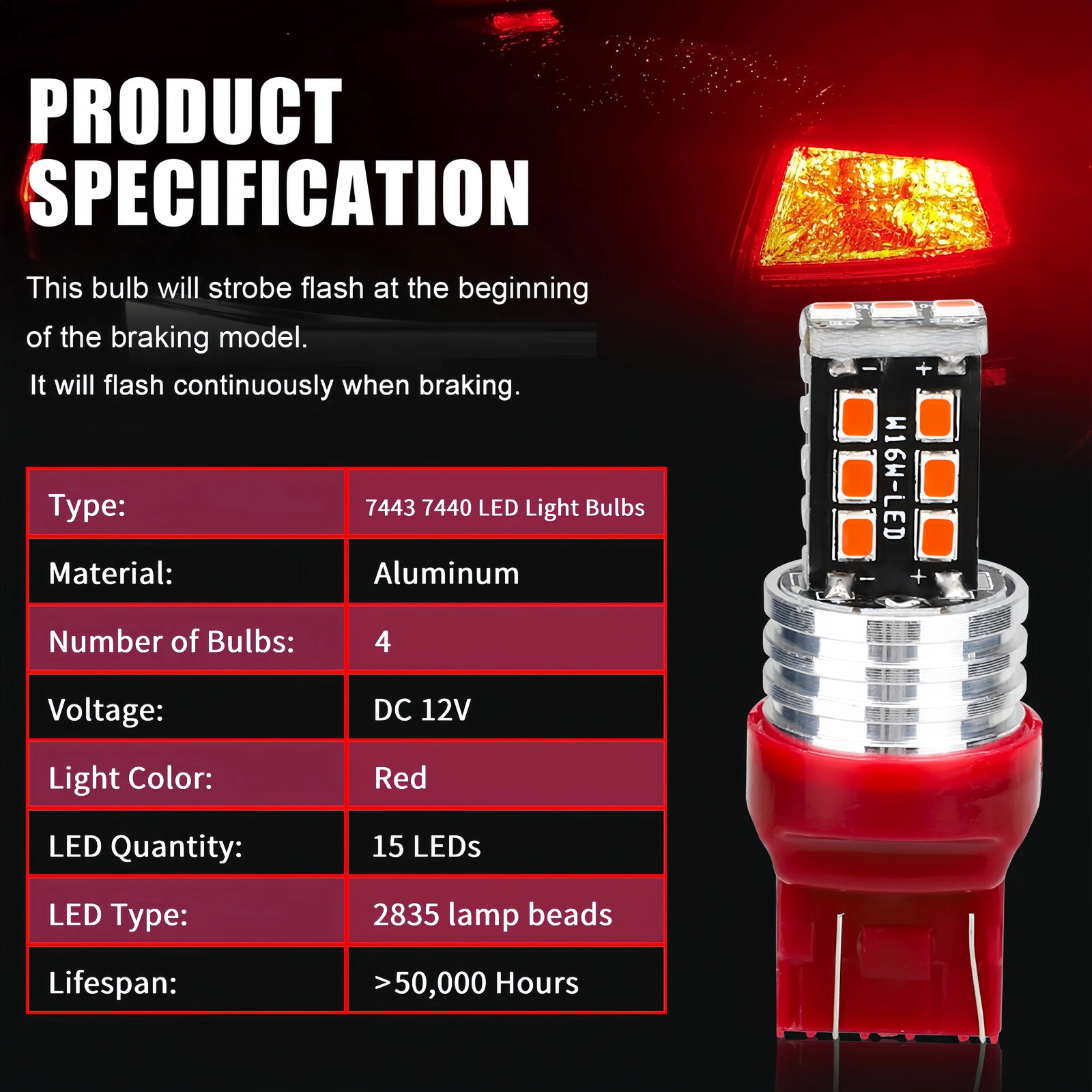 4PCS 7443 7440 LED Red Strobe Flash Blinking Brake Stop Tail Parking Light Bulbs