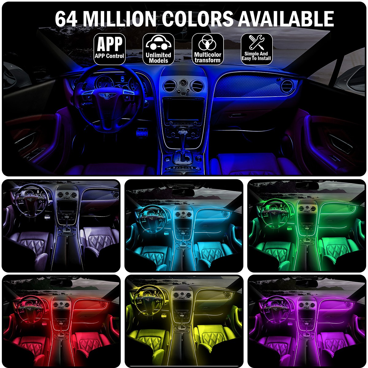 RGB LED Car Fiber Optic Interior Lamp Decor Ambient Light Strips App Control New