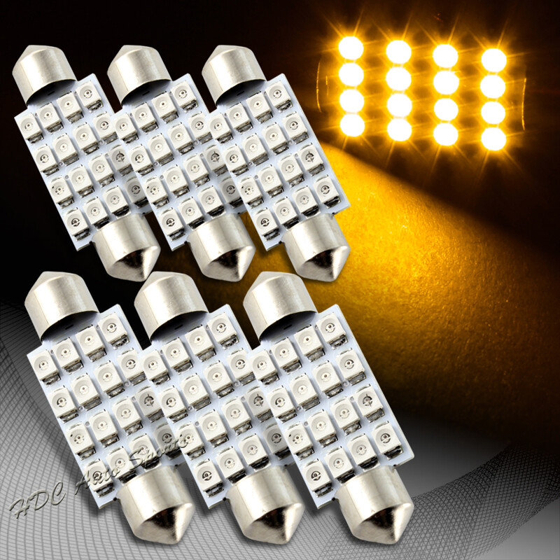 6x 41mm 16 SMD Amber LED Festoon Dome Map Glove Box Trunk Replacement Light Bulb
