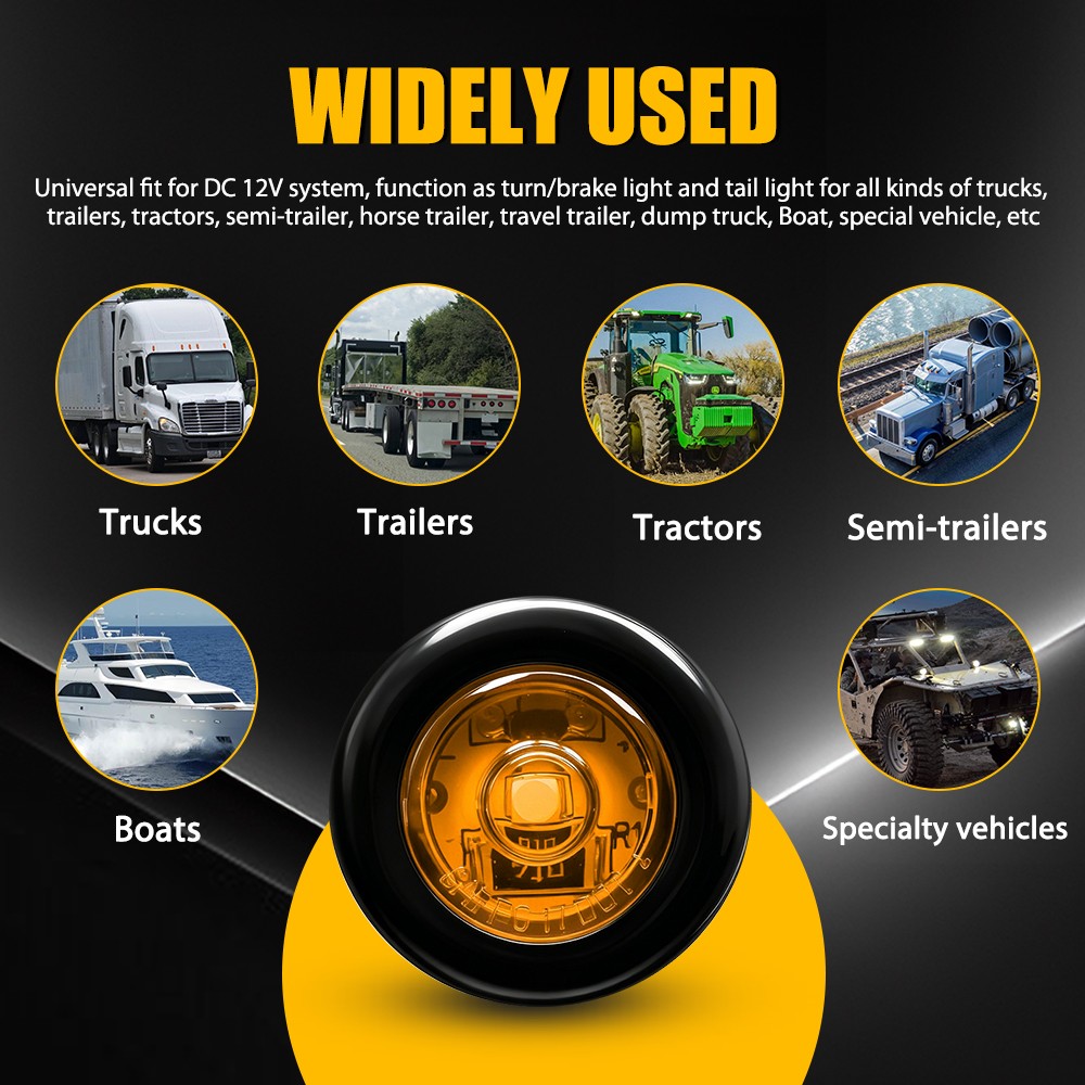 3/4″ Round Amber LED 50000 Hours Lifespan Side Running Marker Lamps 12V 10X New