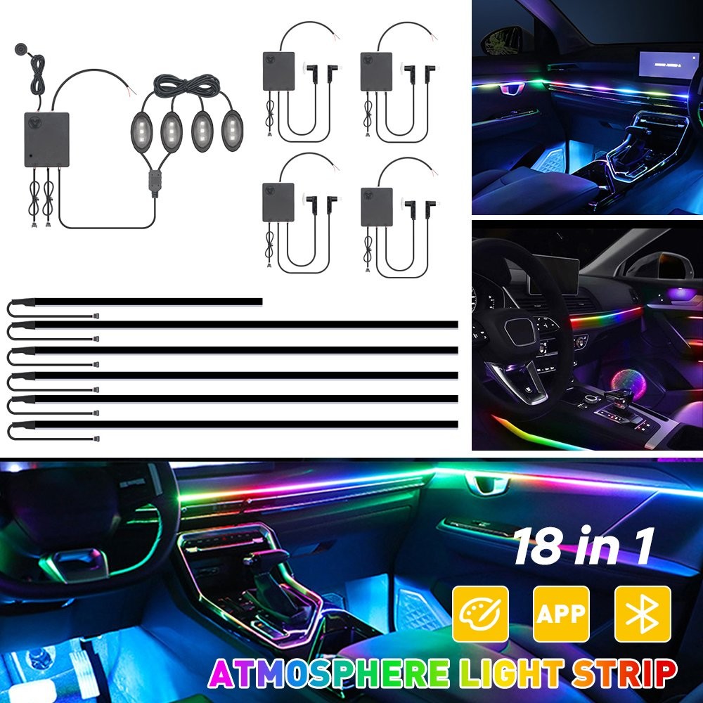 18 in1Car LED Ambient Light Strip APP Remote Atmosphere Interior LED Acrylic RGB