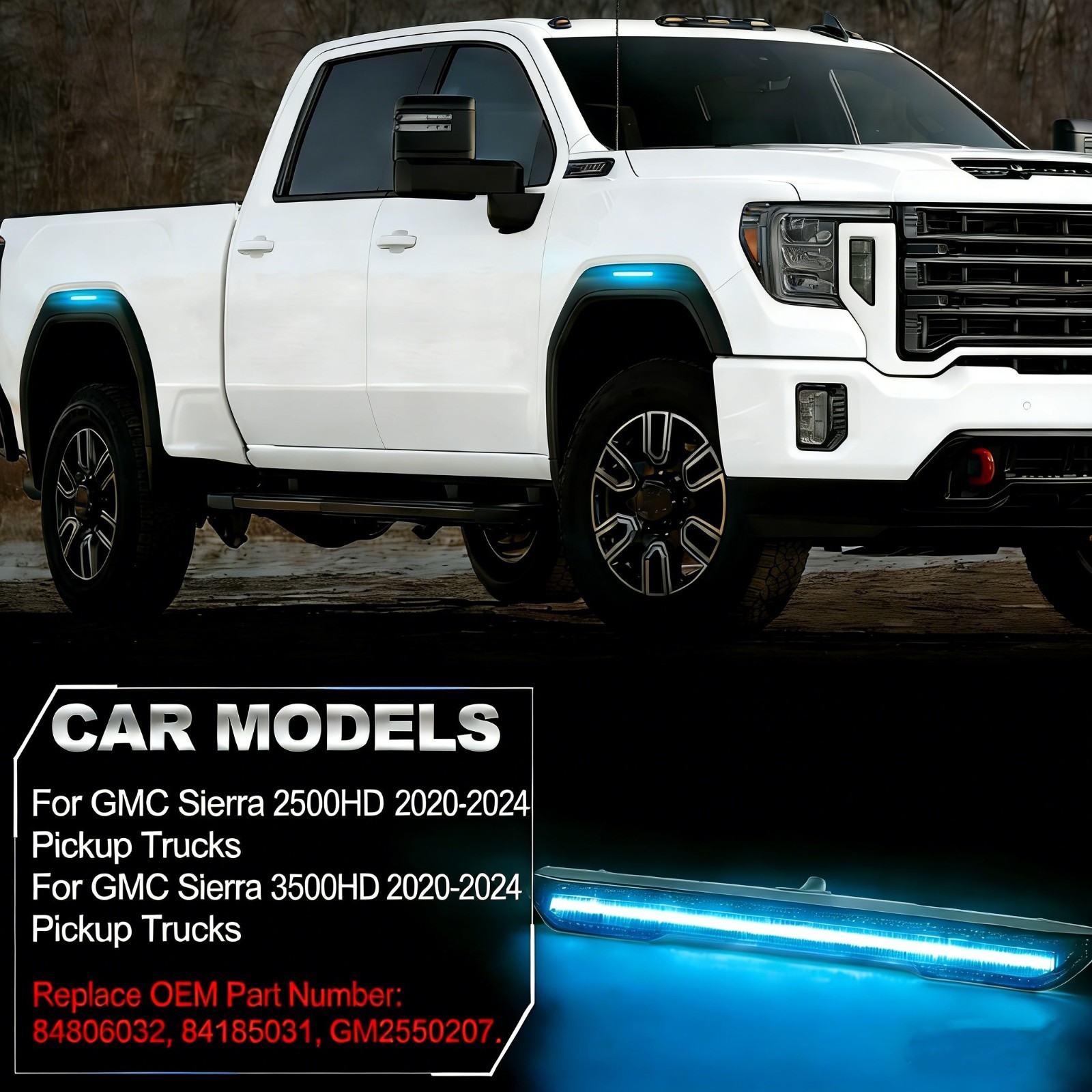 Smoke Lens Bule Side LED Marker Fender Lights For GMC Sierra 2500HD 3500HD 20-24
