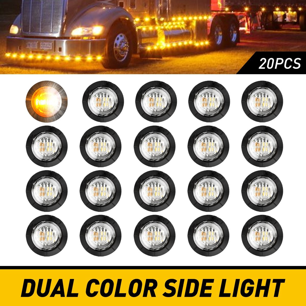 20X 3/4″ Amber White Small Round Side Marker lights Button LED Mini lamps 12V US