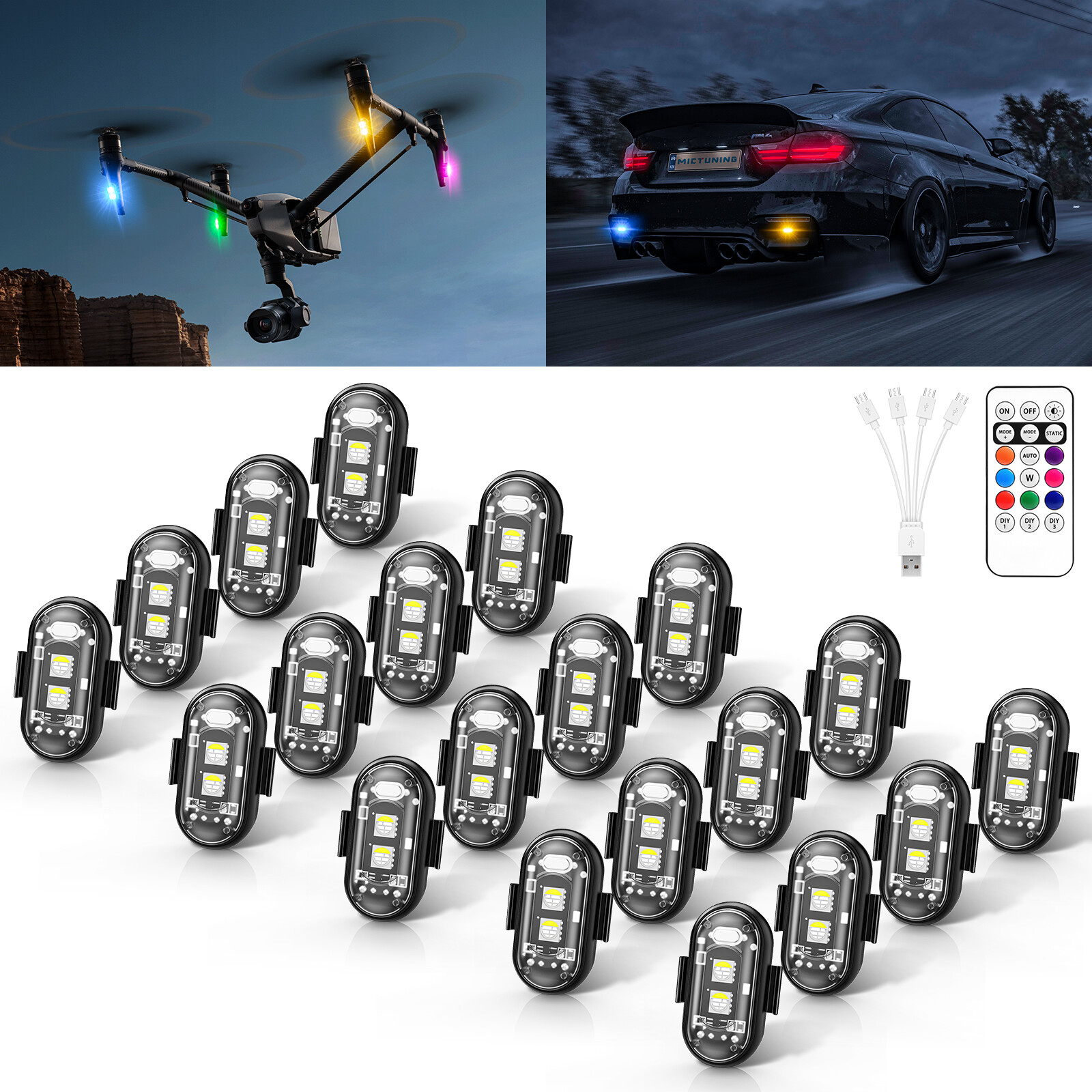 20PCS Wireless LED Strobe Lights 8 Colors USB Rechargeable Anti-Collision Lamps