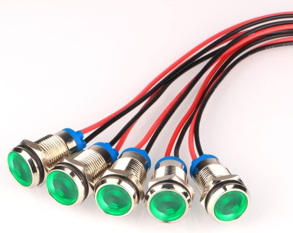 High Brightness Green LED Indicator Lights – 5pcs AC/DC 12-24V Waterproof Design